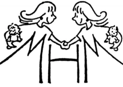 Two girls shaking hands, holding dolls.