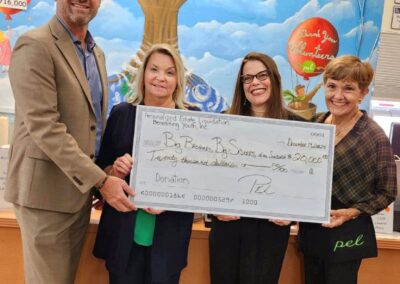 Four people holding a large donation check in front of a colorful mural.