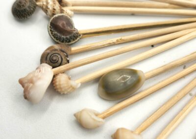 A collection of sticks with various unique shells attached to one end.