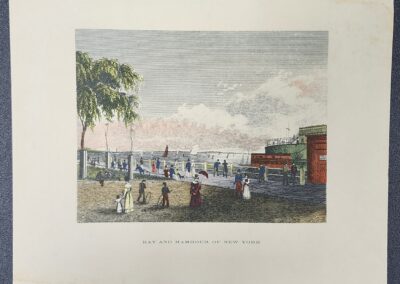 Vintage colored illustration of a coastal town with people and palm trees.
