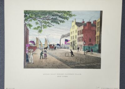 Historic street scene with horse-drawn carriages and sailing ships in the harbor.