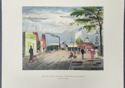 Vintage street scene with people and colorful buildings under a cloudy sky.