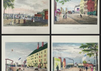 Four vibrant street scenes depicting coastal town life with buildings, people, and boats.