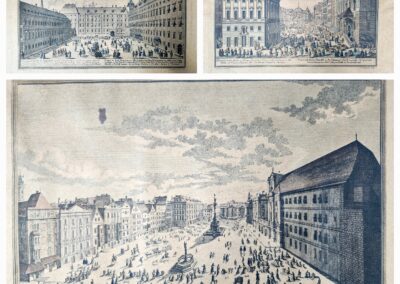 Three vintage cityscape prints showing bustling urban life and architecture.