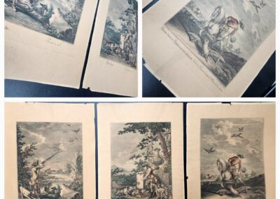 Vintage illustrated pages from an old book with detailed nature and hunting scenes.