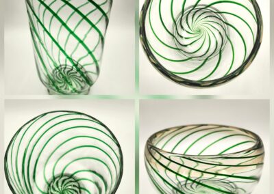 Four views of a green spiral-patterned glass bowl.