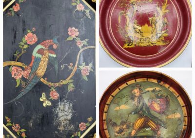 Three vintage decorative trays featuring bird and animal motifs in intricate designs.