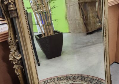 Decorative mirror reflecting a green wall and a plant in a black pot.