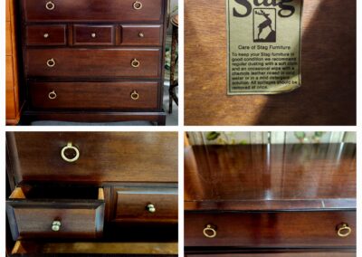 Close-up views of a vintage wooden dresser with brass hardware and a Star furniture label.