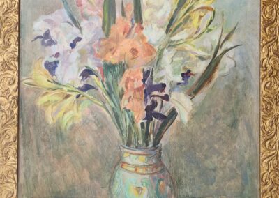 A vase filled with colorful flowers in an impressionist style.