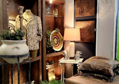 Cozy corner with earthy decor and warm lighting.