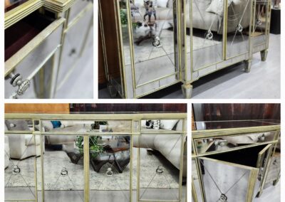 A mirrored furniture piece with multiple angled views showing its reflective surfaces and design details.