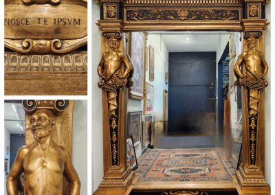 Intricately carved wooden doorway with gold accents and sculpted figures.