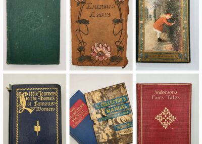 Collection of six antique books with ornate covers and worn textures.