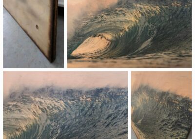 A painting of a large wave, shown in detail and from a distance.