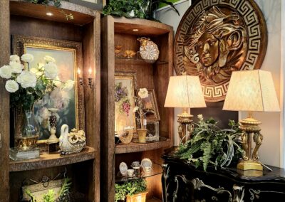 Elegant interior with floral decor and warm lighting.