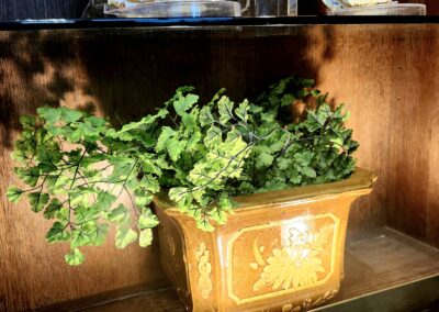 A vintage ceramic planter with green foliage on a wooden shelf.