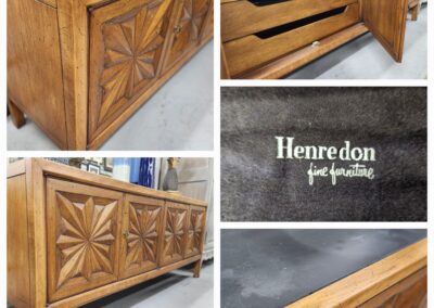 Vintage Henredon wooden dresser with intricate carved details and brass handles.