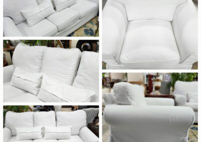 White fabric sofa with cushions in multiple views.