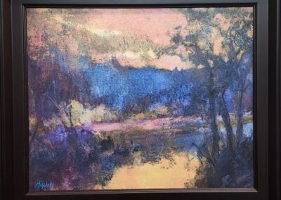 Impressionist landscape painting with trees and a colorful sky reflected in water.
