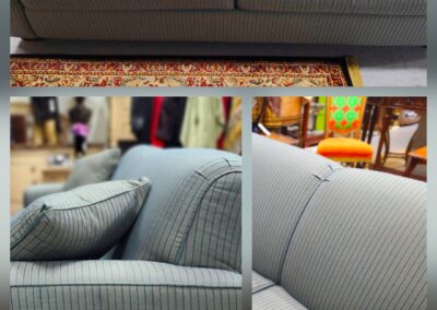 A striped gray sofa with cushions and close-up fabric details in a cozy room.