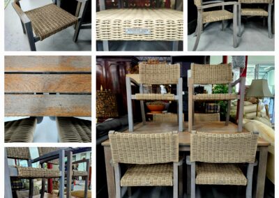 Rustic wooden chairs with woven seats in a workshop setting.