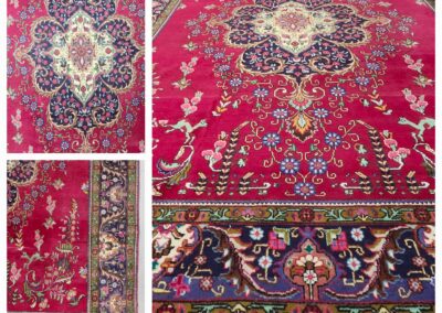 Intricately designed red Persian rug with floral and geometric patterns.