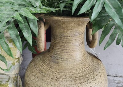 A rustic clay vase with green foliage inside, surrounded by plants.
