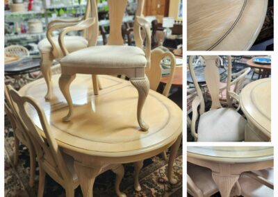 Elegant wooden dining chairs with intricate carvings and plush upholstery.