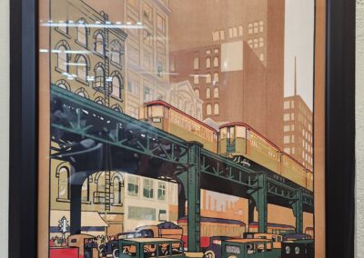 Vintage Chicago transit poster featuring elevated train and cityscape.