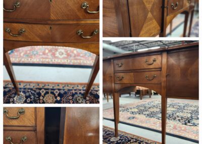 Collage of a wooden dresser with intricate drawer designs and curved legs.