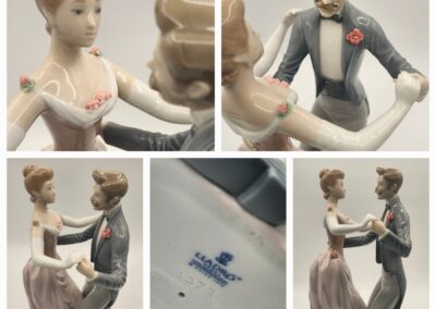 Porcelain figurines of a couple dancing, marked with a blue stamp underneath.