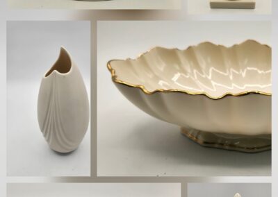 Collection of elegant vintage ceramic and porcelain decorative items.