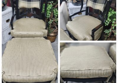 Antique rocking chair with cushioned seat and ottoman in beige and black tones.
