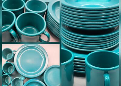 Stacked turquoise ceramic dishes and mugs in a collage.