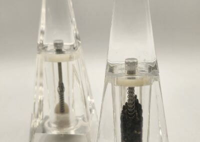 Two transparent pyramid-shaped containers holding different dark objects.