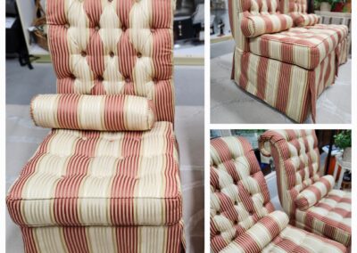 Striped upholstered chair with matching ottoman in soft pink and beige tones.