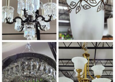 A collage of elegant chandeliers and light fixtures in various designs and styles.