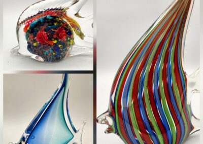Colorful artistic glass sculptures with intricate patterns and shapes.