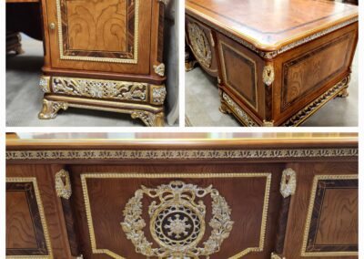 Elegant wooden furniture with intricate carvings and inlaid designs.