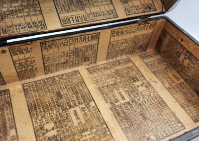 Ancient texts displayed inside a wooden chest.