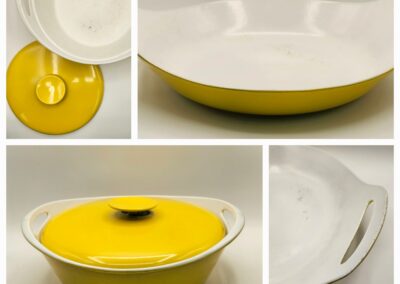 Yellow ceramic dish with lid and white interior, shown from multiple angles.