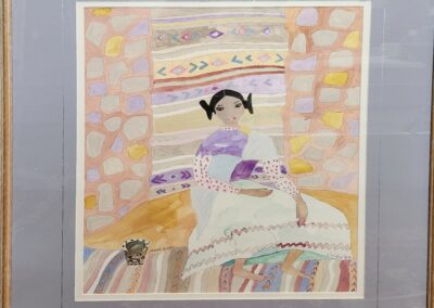 Watercolor painting of a woman sitting indoors surrounded by pastel colors.
