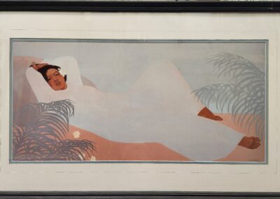 A person reclining in a white garment against a stylized background.