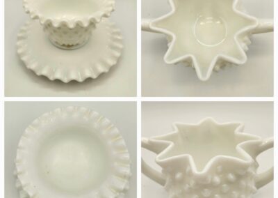 Four white ceramic bowls with unique decorative edges.