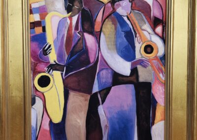 Abstract painting of musicians playing saxophones in vibrant colors.
