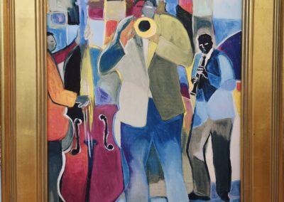 Colorful abstract painting of jazz musicians playing instruments.