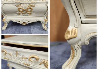 Elegant vintage dresser with intricate gold accents and curved legs.