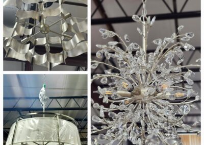 Three stylish chandeliers with unique modern designs shine brightly.