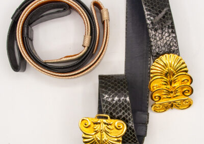 Black leather belt with ornate gold lion head buckles and a coiled design.